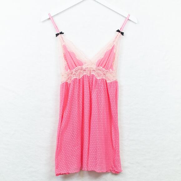BETSEY JOHNSON Lace Babydoll Lingerie Slip Dress Coquette Bows Sheer Pink Y2K S - Picture 1 of 9